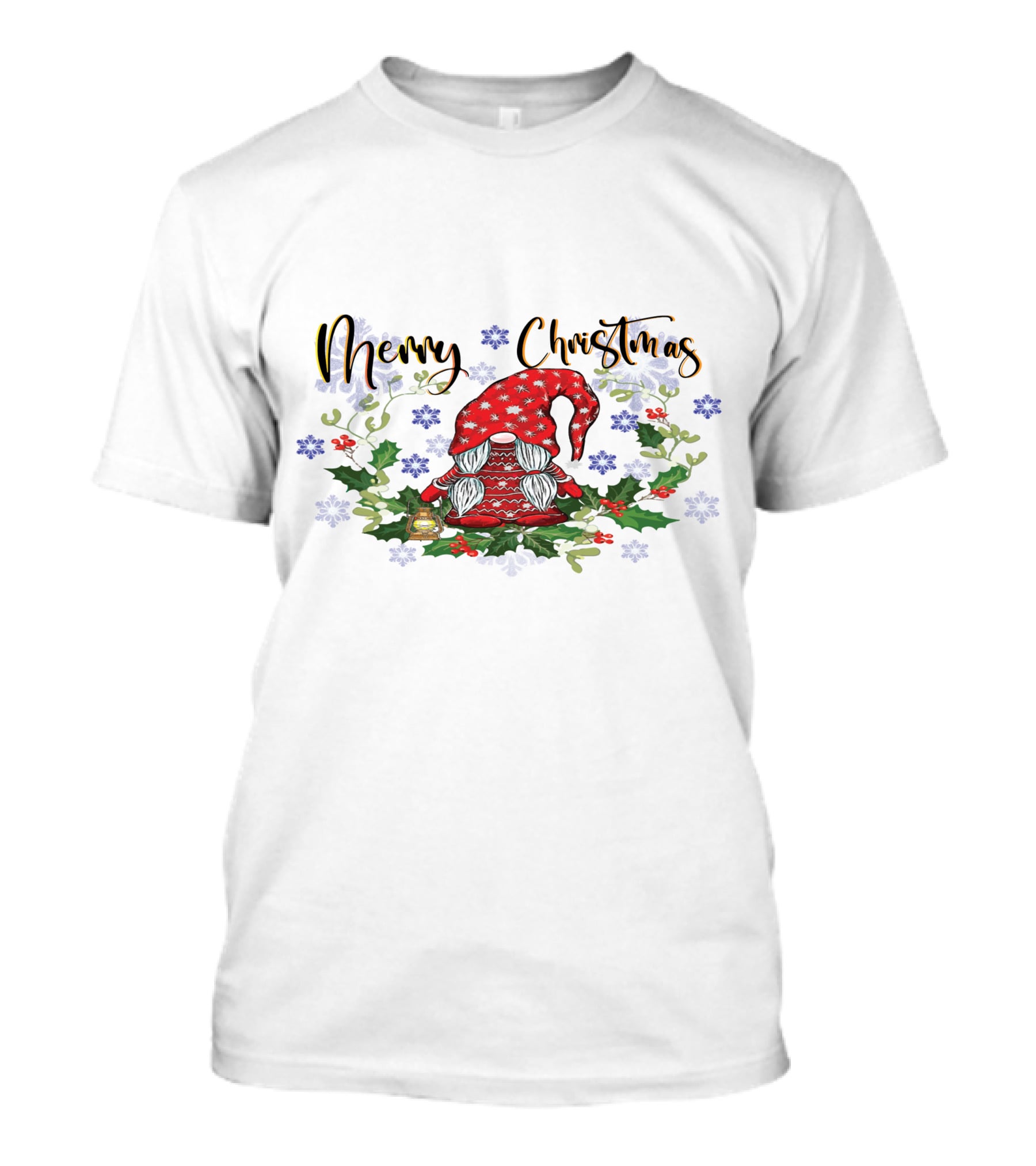 Merry Christmas Gnome With Snowflakes Holly And Lantern T-Shirt
