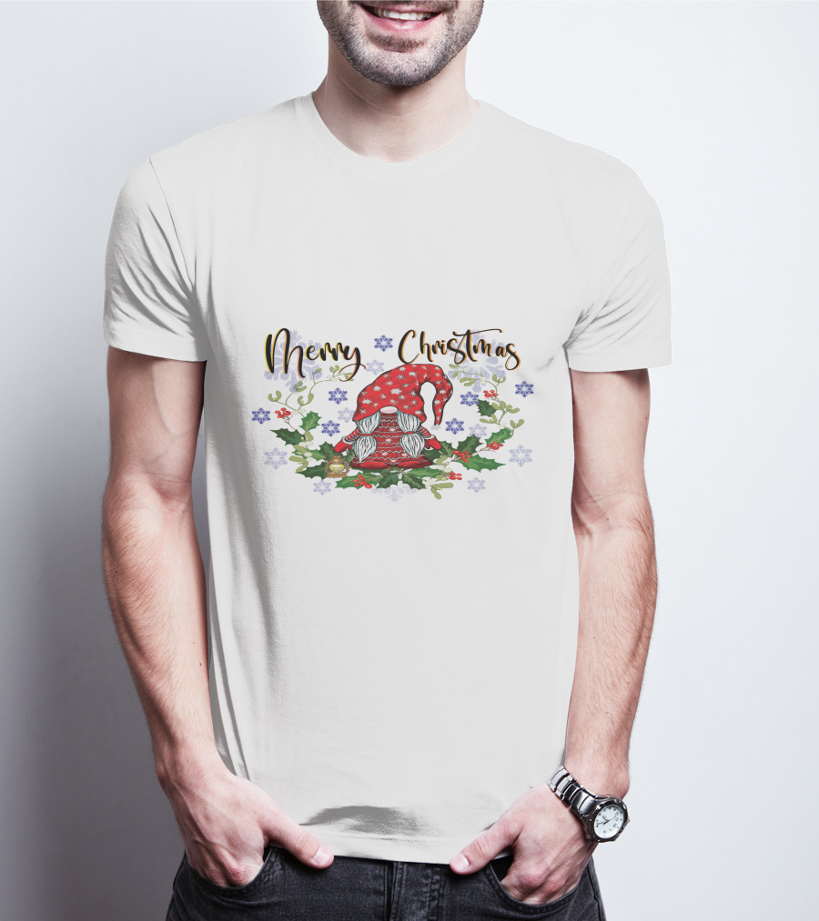 Merry Christmas Gnome With Snowflakes Holly And Lantern T-Shirt