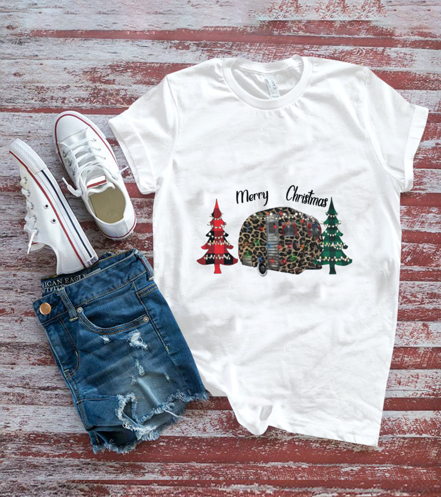 Merry Christmas Leopard Trailer With Festive Trees T-Shirt