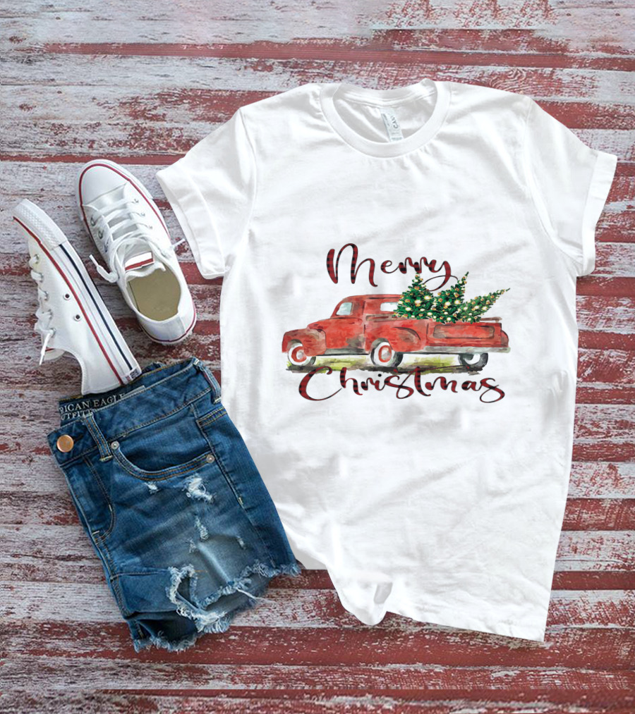 Merry Christmas Red Truck With Festive Tree T-Shirt