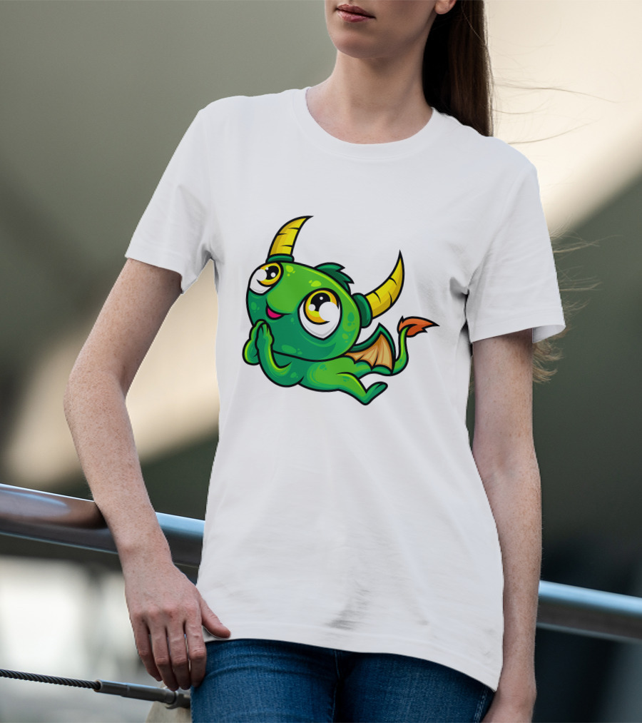 Cute Green Dragon Kawaii Cartoon Character With Horns And Wings T-Shirt