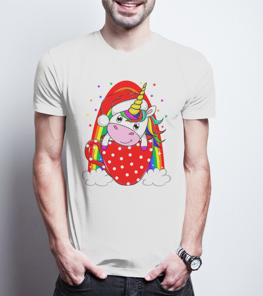 Unicorn In Santa Hat With Rainbow And Red Polka Dot Cup T-Shirt