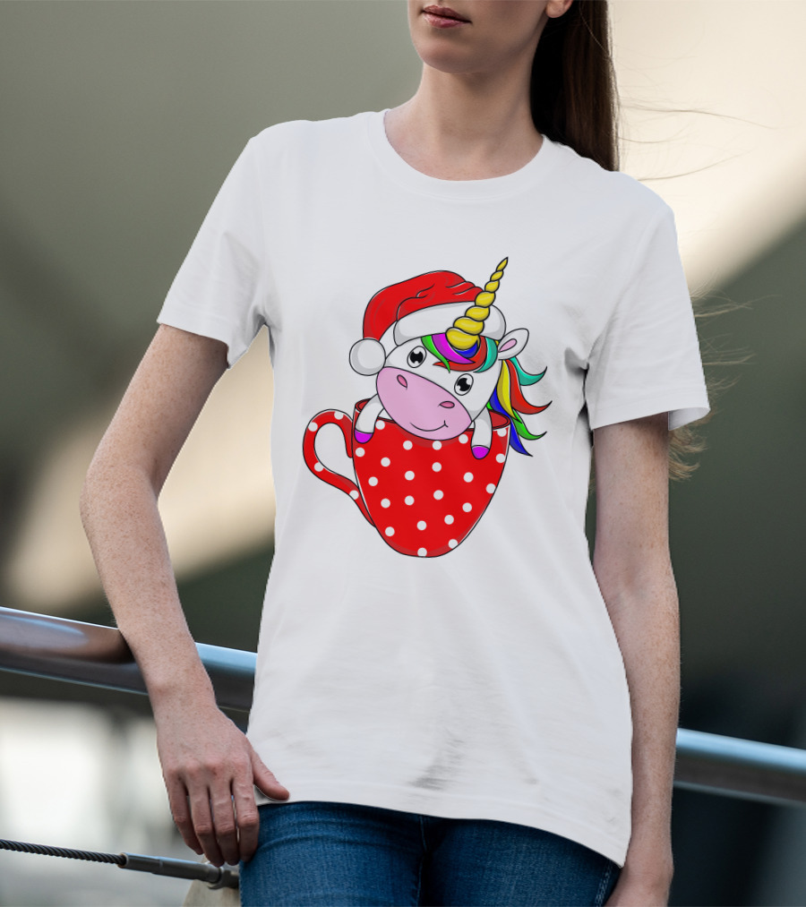 Santa Hat Unicorn In Polka Dot Red Cup T-Shirt