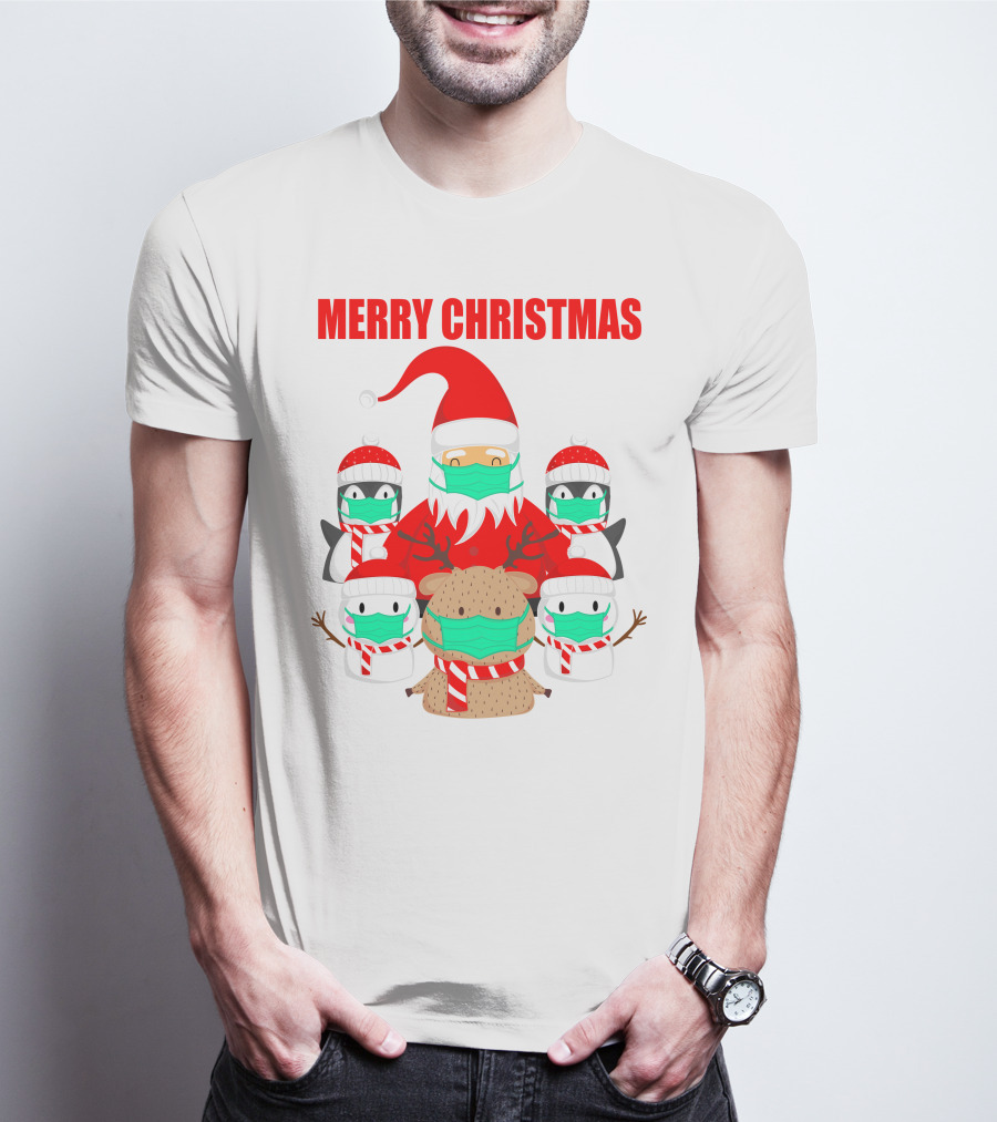Merry Christmas Santa Deer Penguin Social Distance T-Shirt