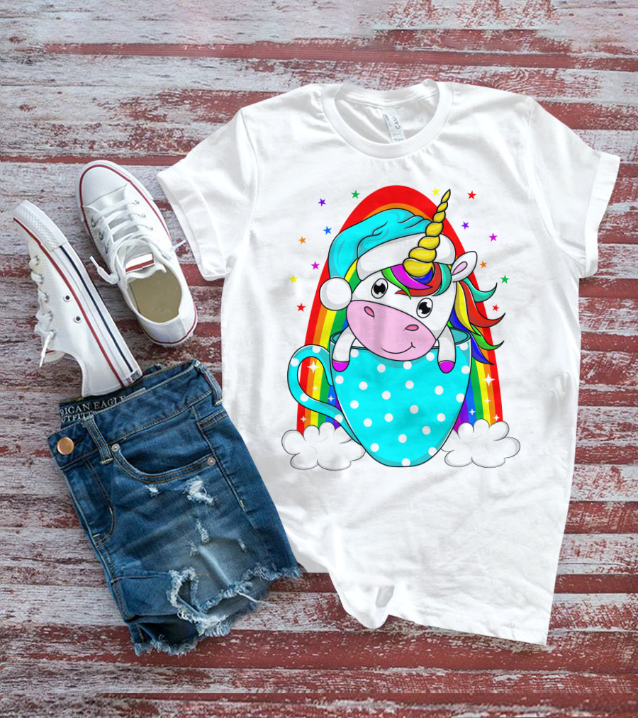 Unicorn In Polka Dot Blue Cup With Rainbow And Stars T-Shirt