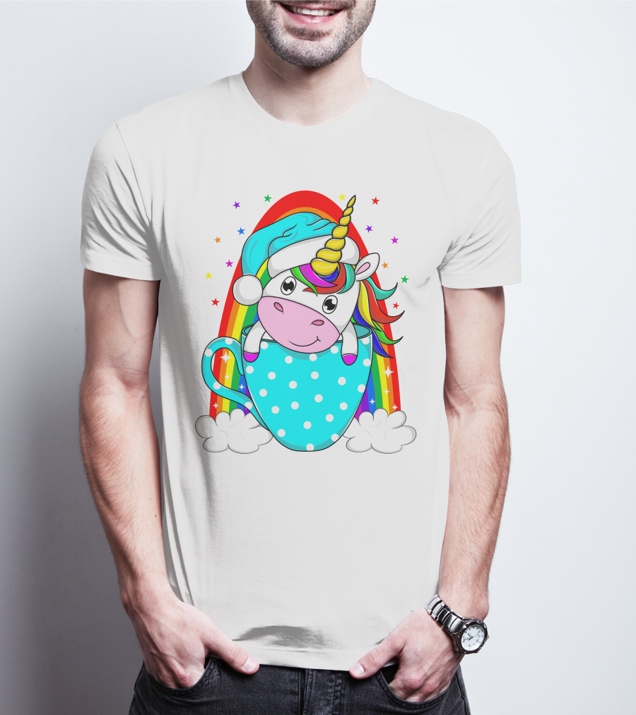 Unicorn In Polka Dot Blue Cup With Rainbow And Stars T-Shirt
