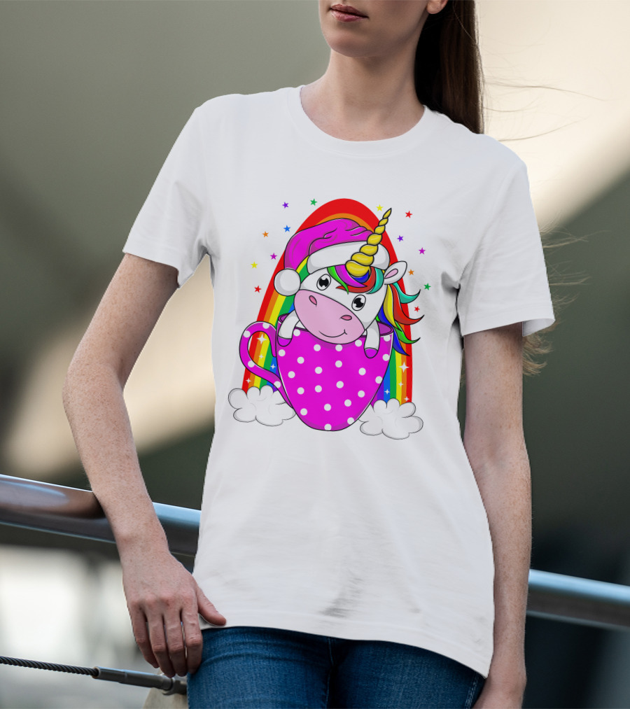 Unicorn Rainbow Santa In Pink Polka Dot Cup T-Shirt