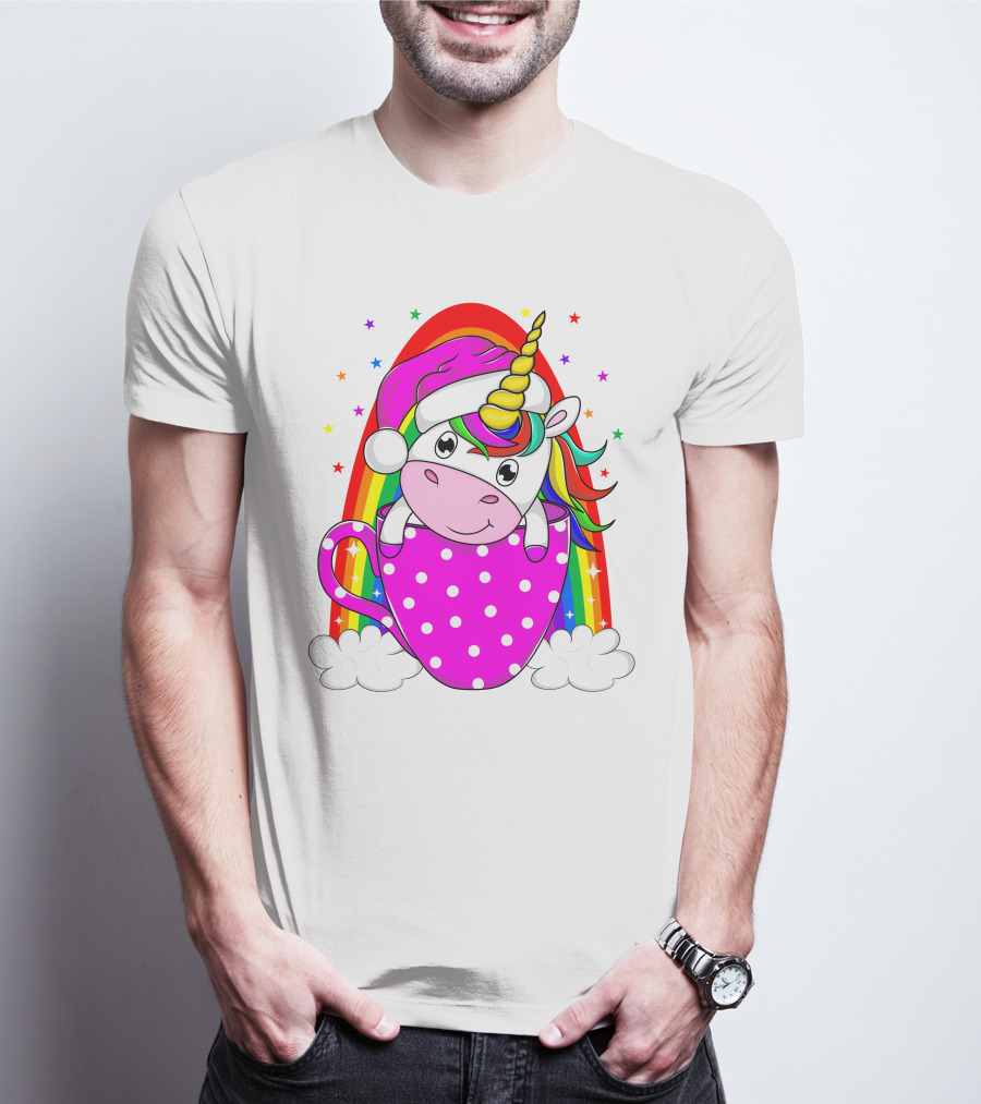Unicorn Rainbow Santa In Pink Polka Dot Cup T-Shirt