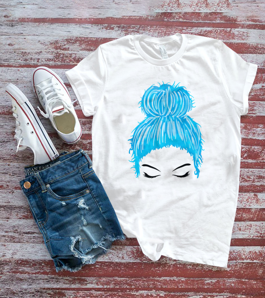 Messy Bun Blue Hair Momlife Trendy Hairstyle Sketch T-Shirt