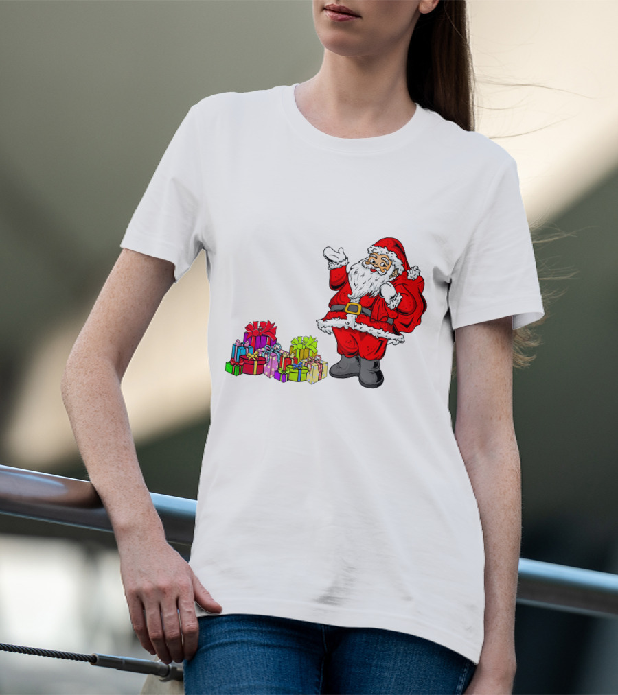Santa Claus Joyfully Delivering Colorful Presents T-Shirt