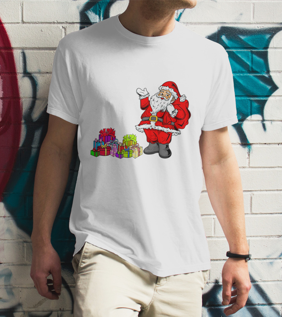 Santa Claus Joyfully Delivering Colorful Presents T-Shirt