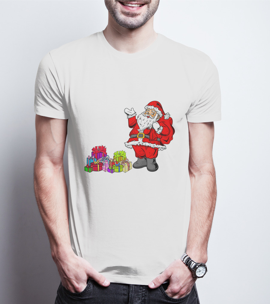 Santa Claus Joyfully Delivering Colorful Presents T-Shirt