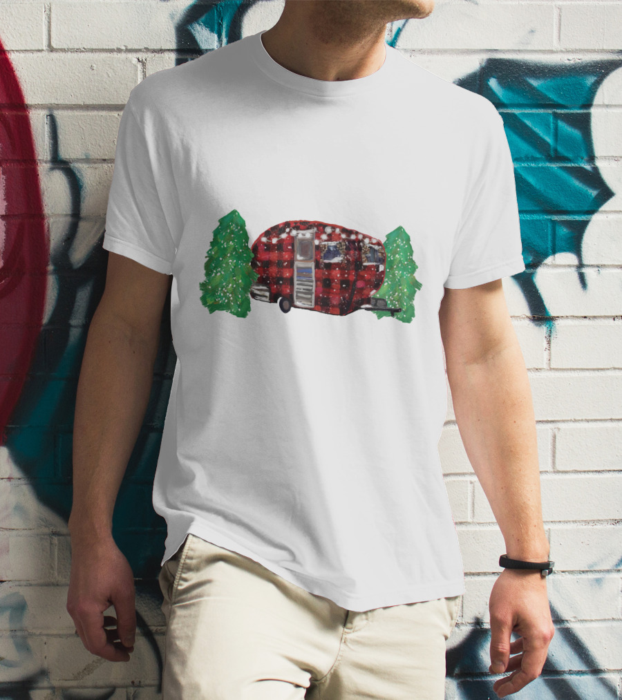 Watercolor Christmas Buffalo Plaid Camper With Trees T-Shirt