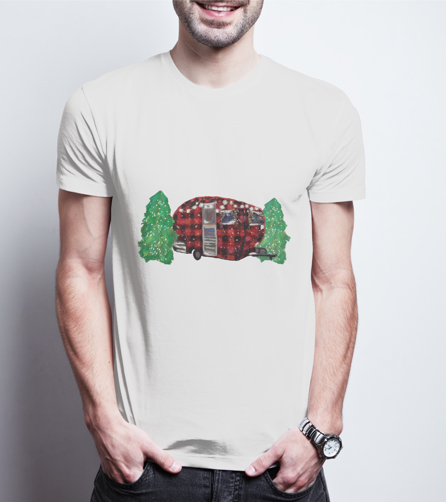 Watercolor Christmas Buffalo Plaid Camper With Trees T-Shirt