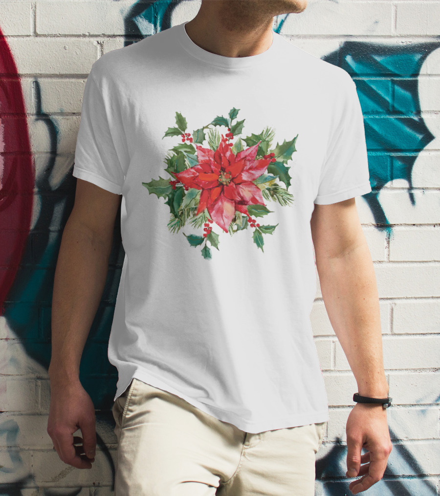 Watercolor Christmas Poinsettia With Holly Leaves And Berries T-Shirt
