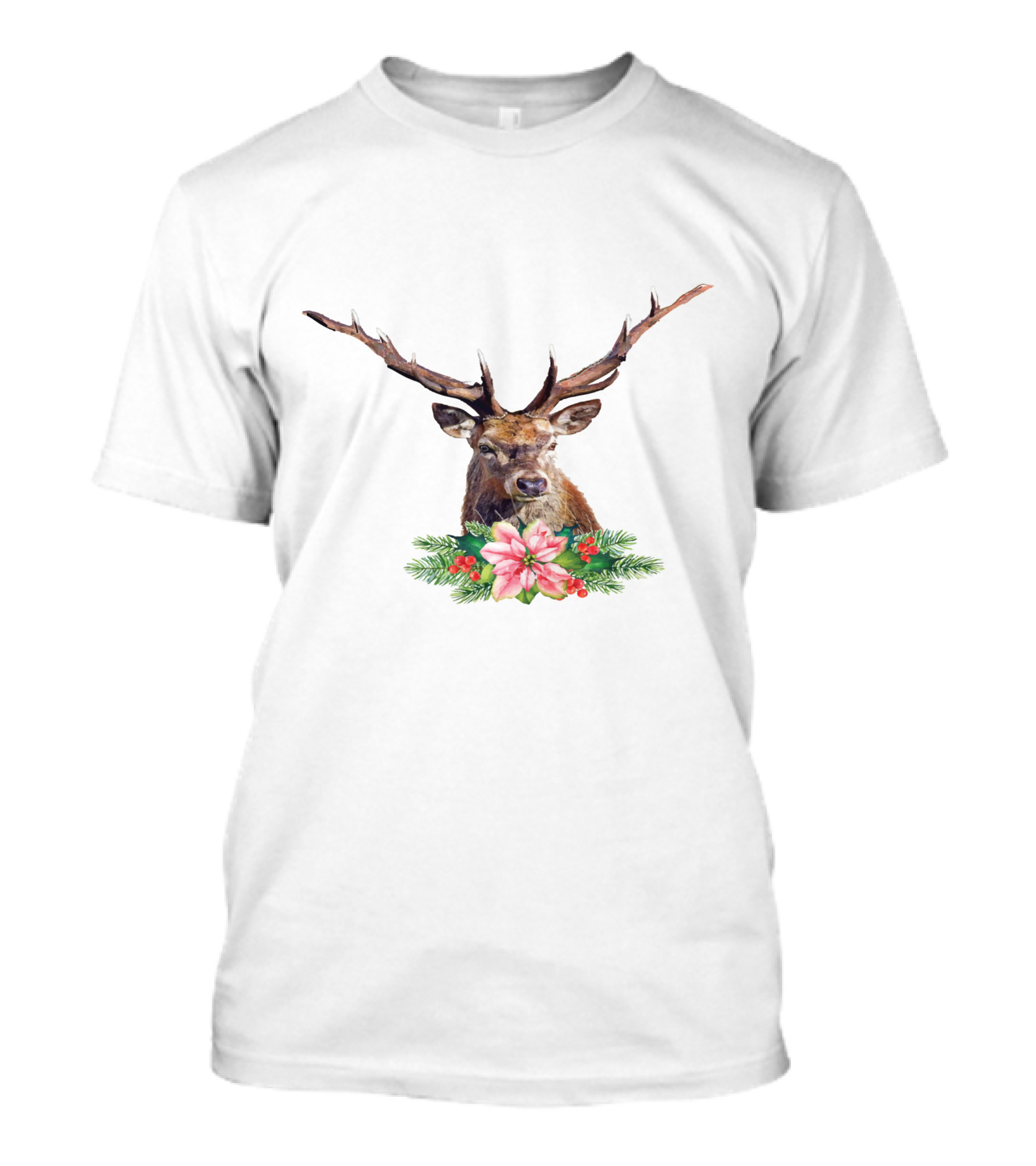 Watercolor Christmas Reindeer With Poinsettia And Pine Branches T-Shirt
