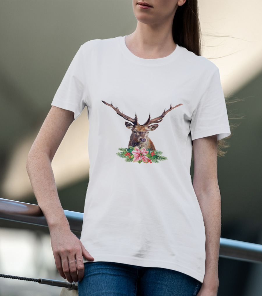 Watercolor Christmas Reindeer With Poinsettia And Pine Branches T-Shirt