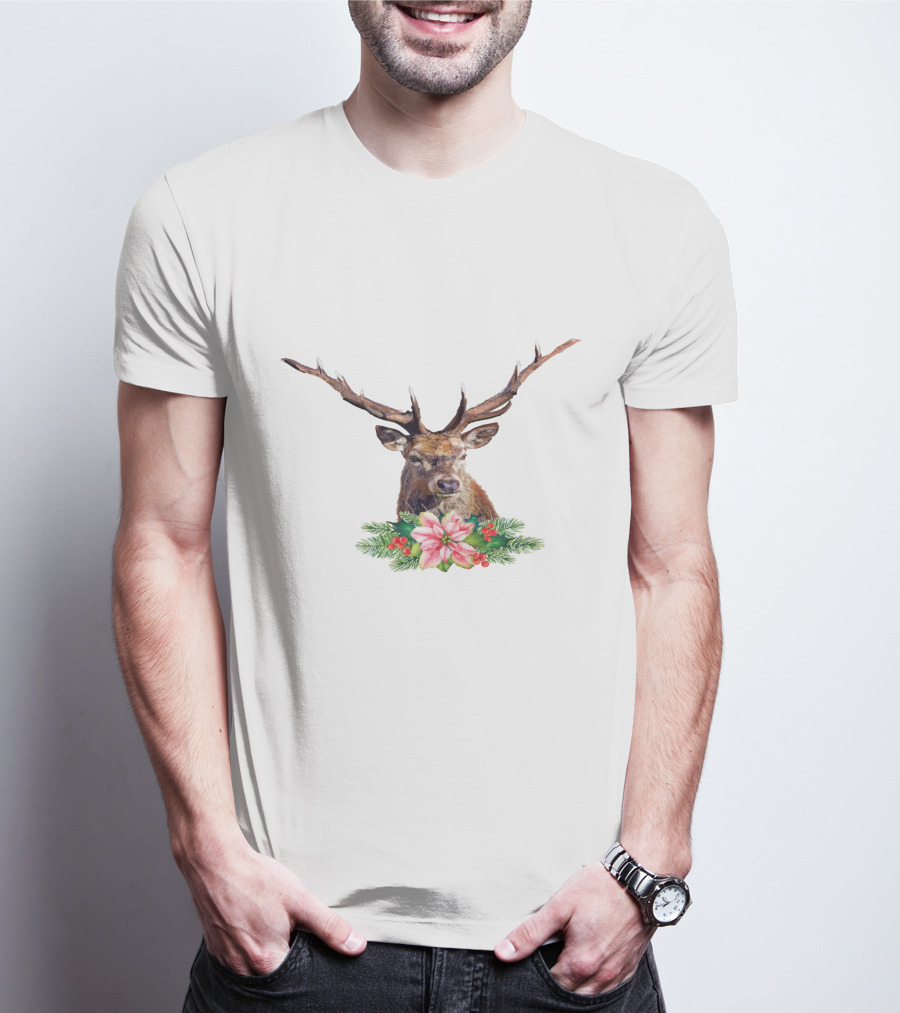 Watercolor Christmas Reindeer With Poinsettia And Pine Branches T-Shirt