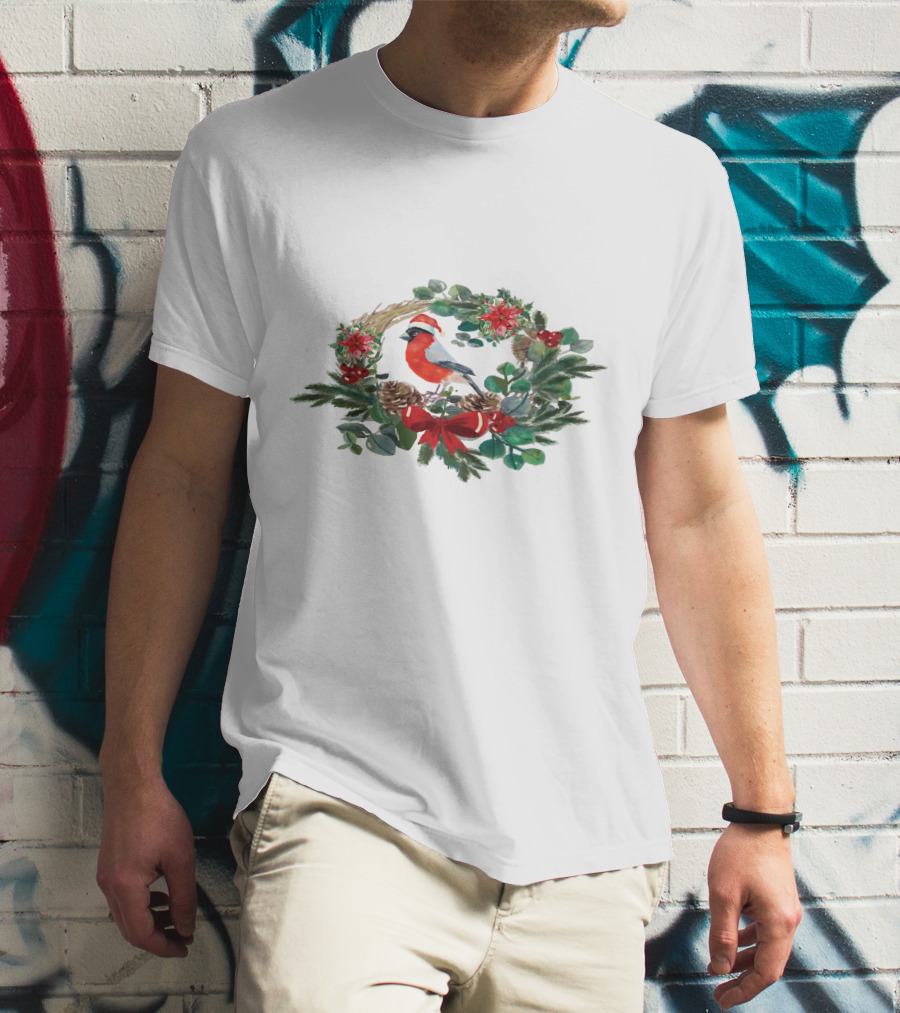 Watercolor Christmas Wreath With Bird And Holiday Decorations T-Shirt