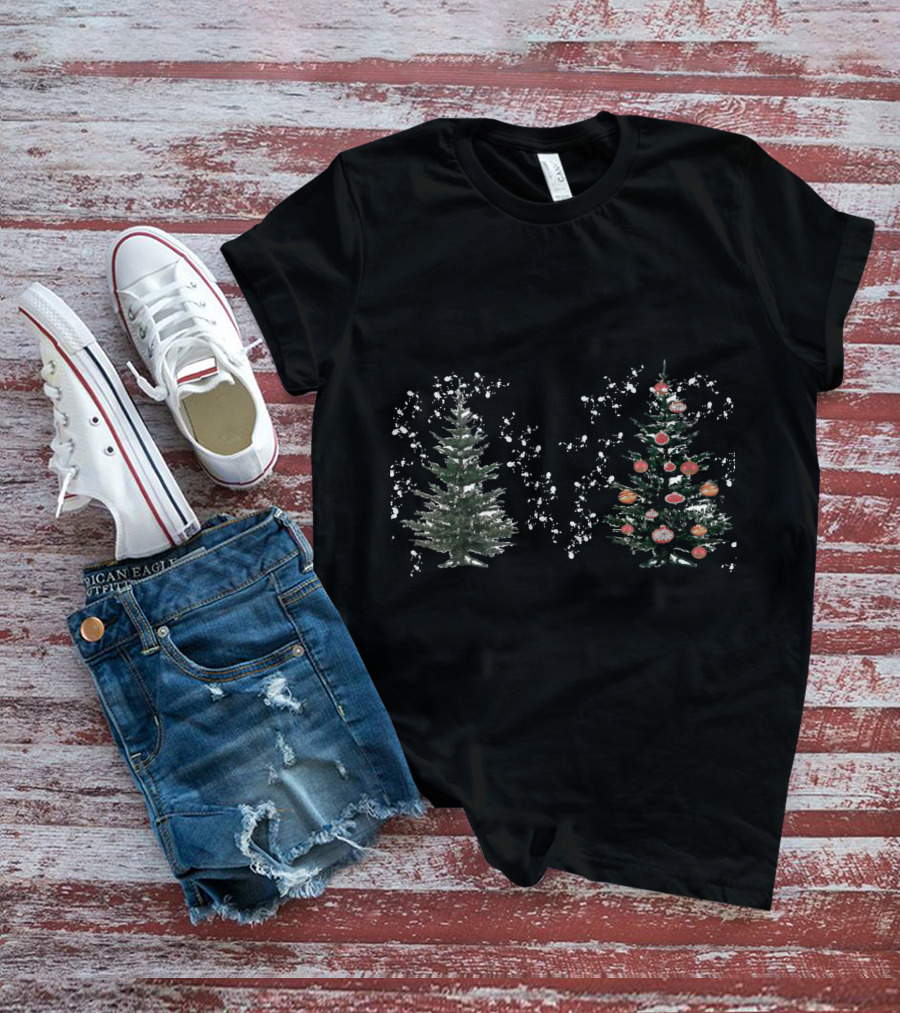 Watercolor Christmas Trees Snowy Evergreen With Red Ornaments T-Shirt