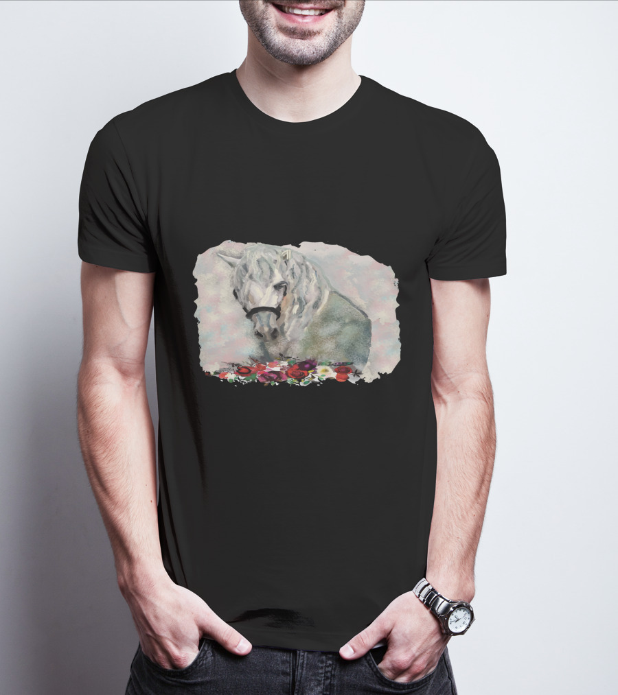 Watercolor White Horse With Floral Accents T-Shirt