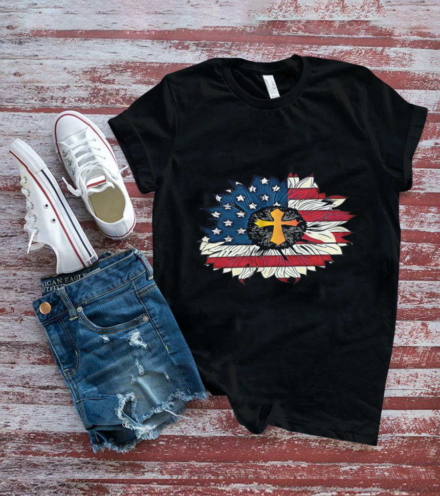 American Flag Cross Floral Design Sunflower Center T-Shirt
