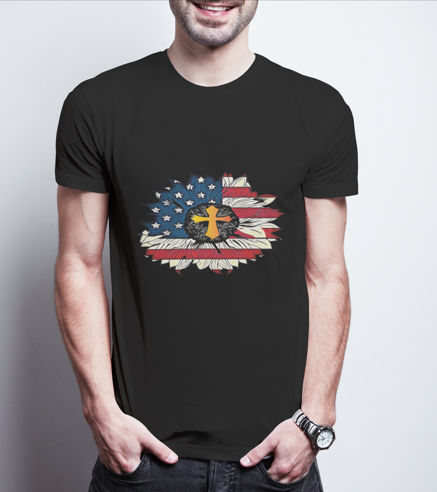 American Flag Cross Floral Design Sunflower Center T-Shirt