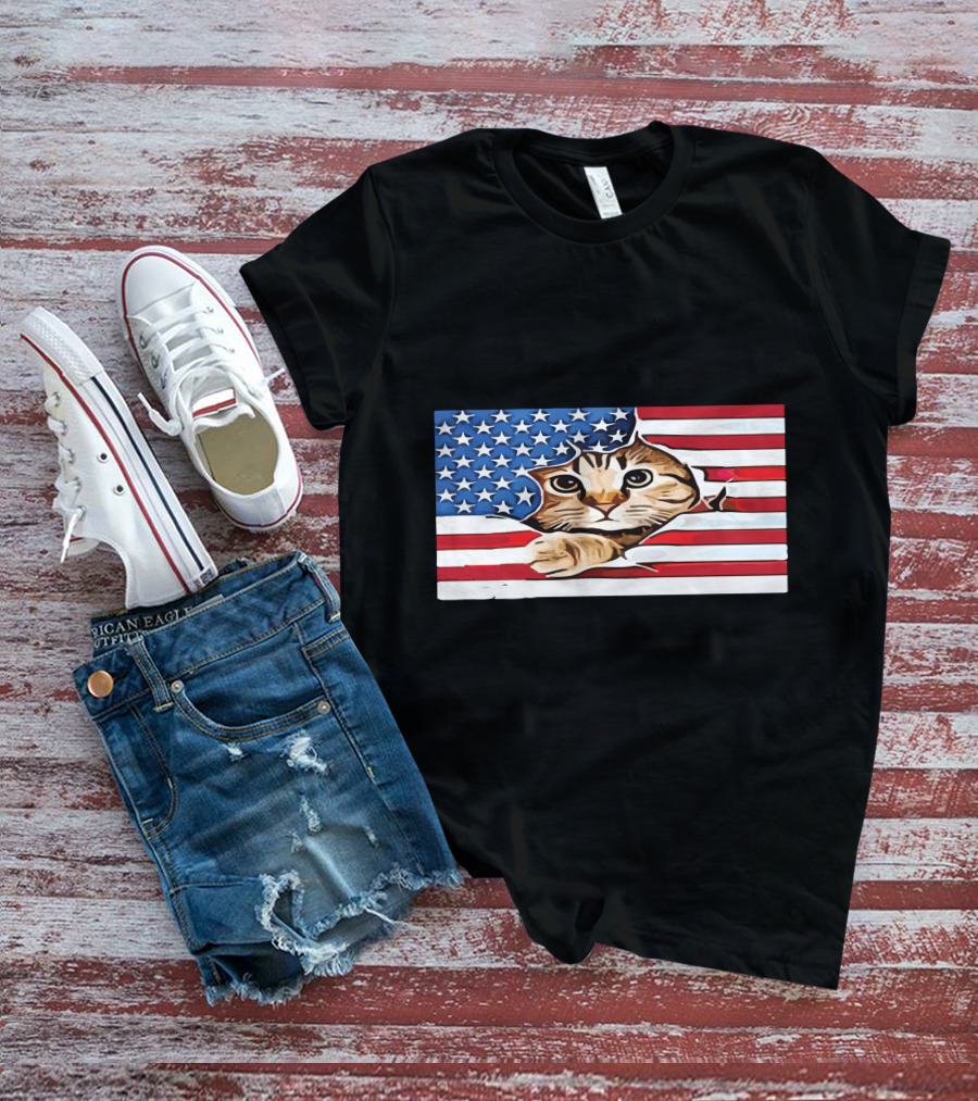 Cat Peeking Through American Flag T-Shirt