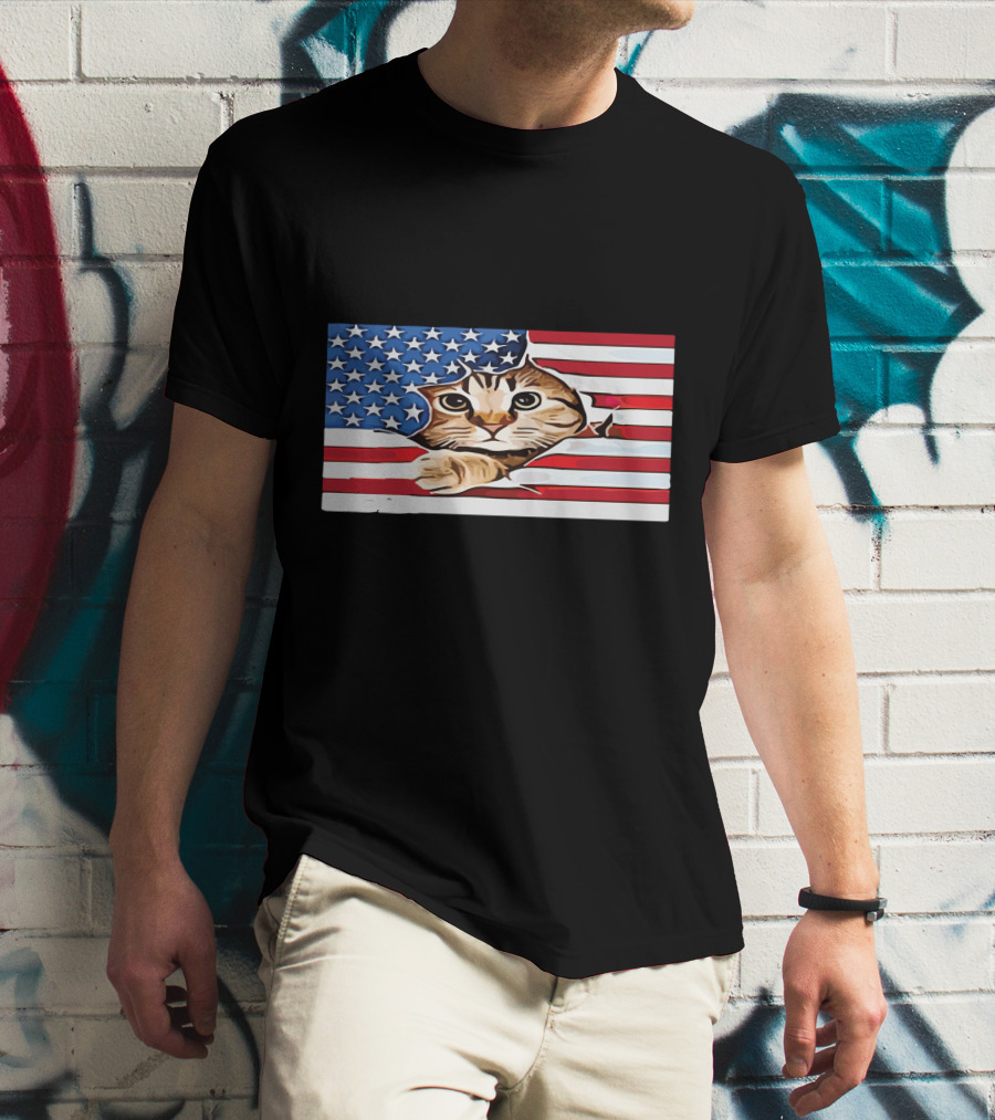 Cat Peeking Through American Flag T-Shirt