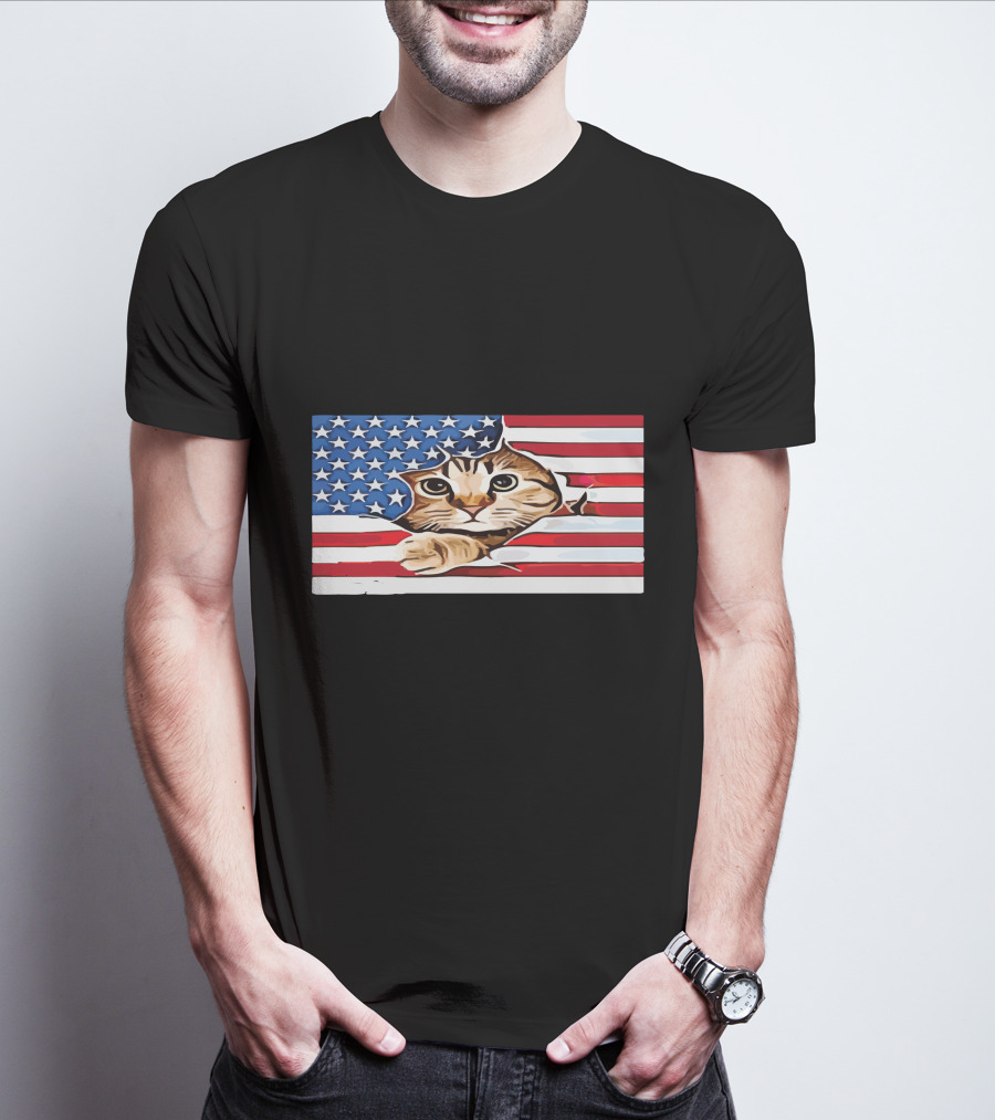 Cat Peeking Through American Flag T-Shirt