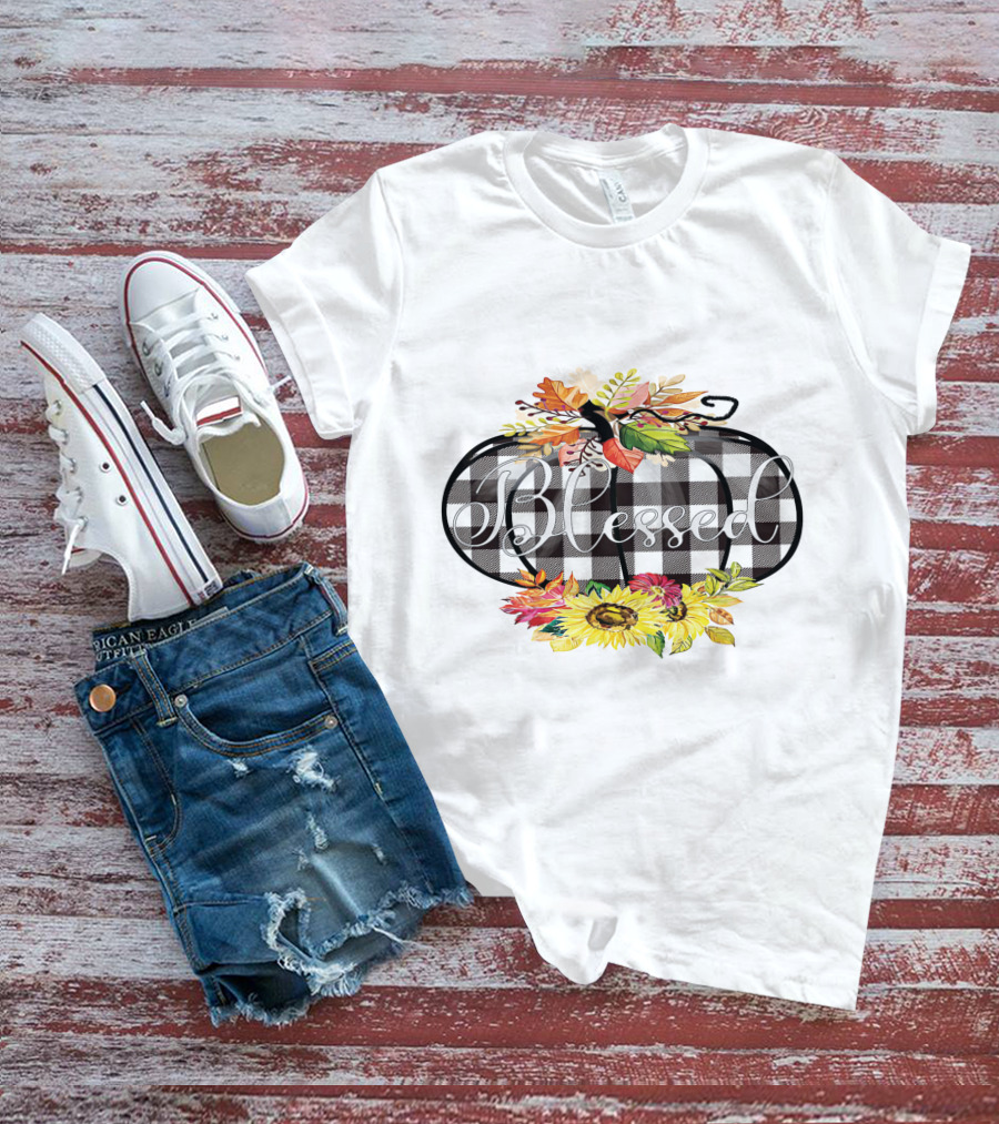 Blessed Buffalo Plaid Pumpkin With Sunflowers And Autumn Leaves T-Shirt