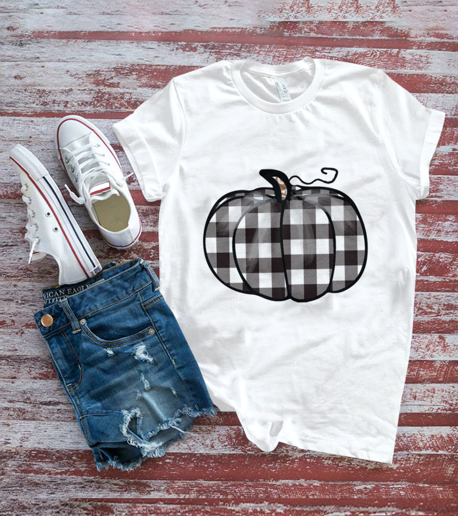 Buffalo Plaid Checkered Pumpkin White T-Shirt