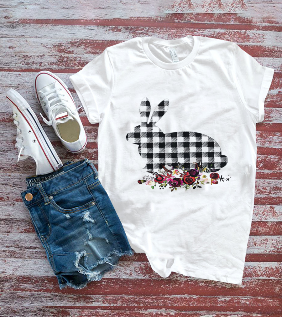 Bunny Black White Plaid Floral Roses T-Shirt