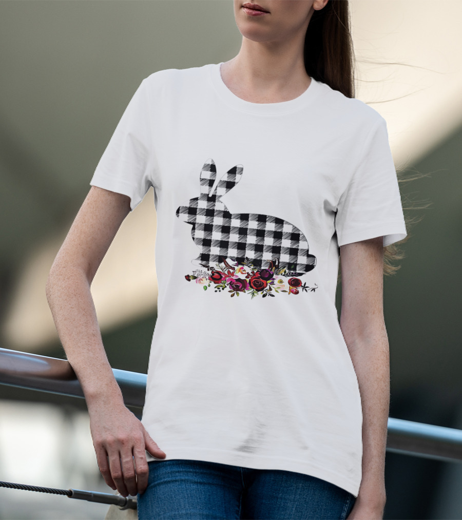 Bunny Black White Plaid Floral Roses T-Shirt