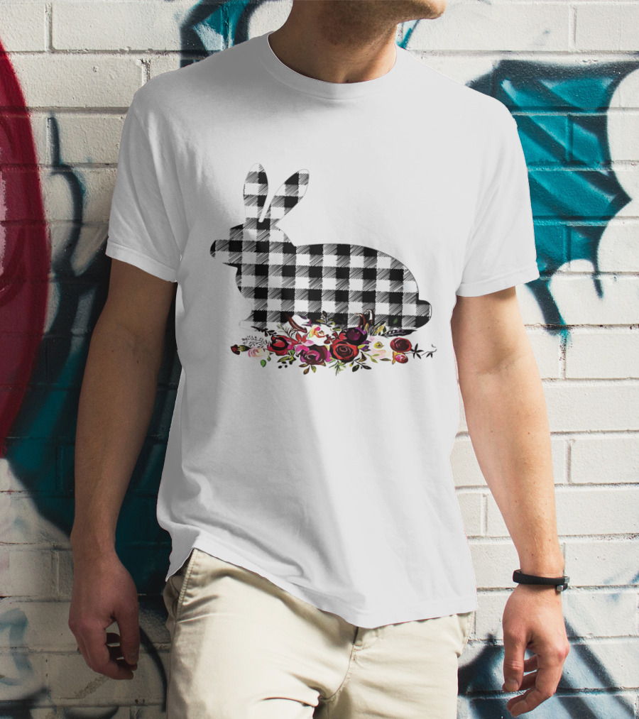 Bunny Black White Plaid Floral Roses T-Shirt