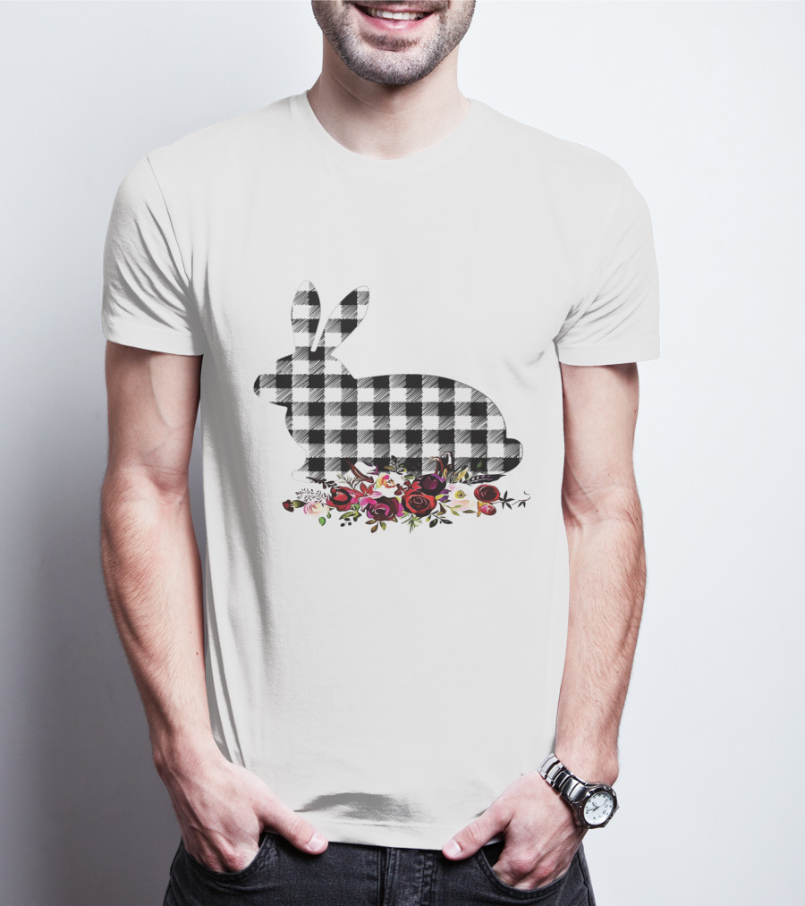 Bunny Black White Plaid Floral Roses T-Shirt
