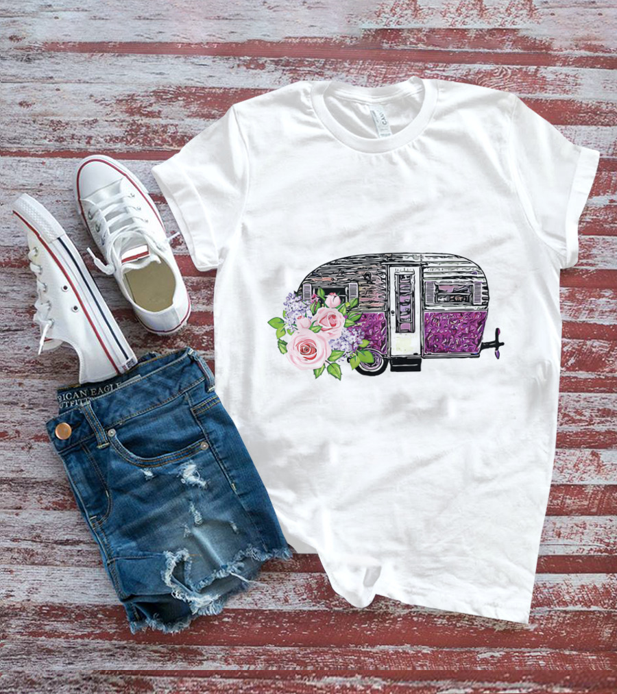 Flower Camping Car With Floral Vintage Caravan T-Shirt