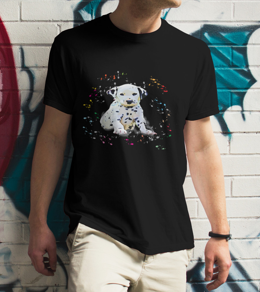 Dalmatian Puppy Surrounded By Splashes Of Colorful Snow T-Shirt