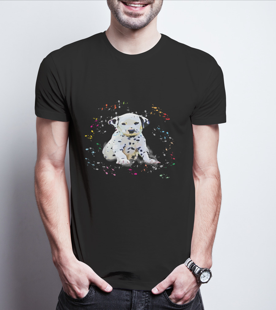 Dalmatian Puppy Surrounded By Splashes Of Colorful Snow T-Shirt