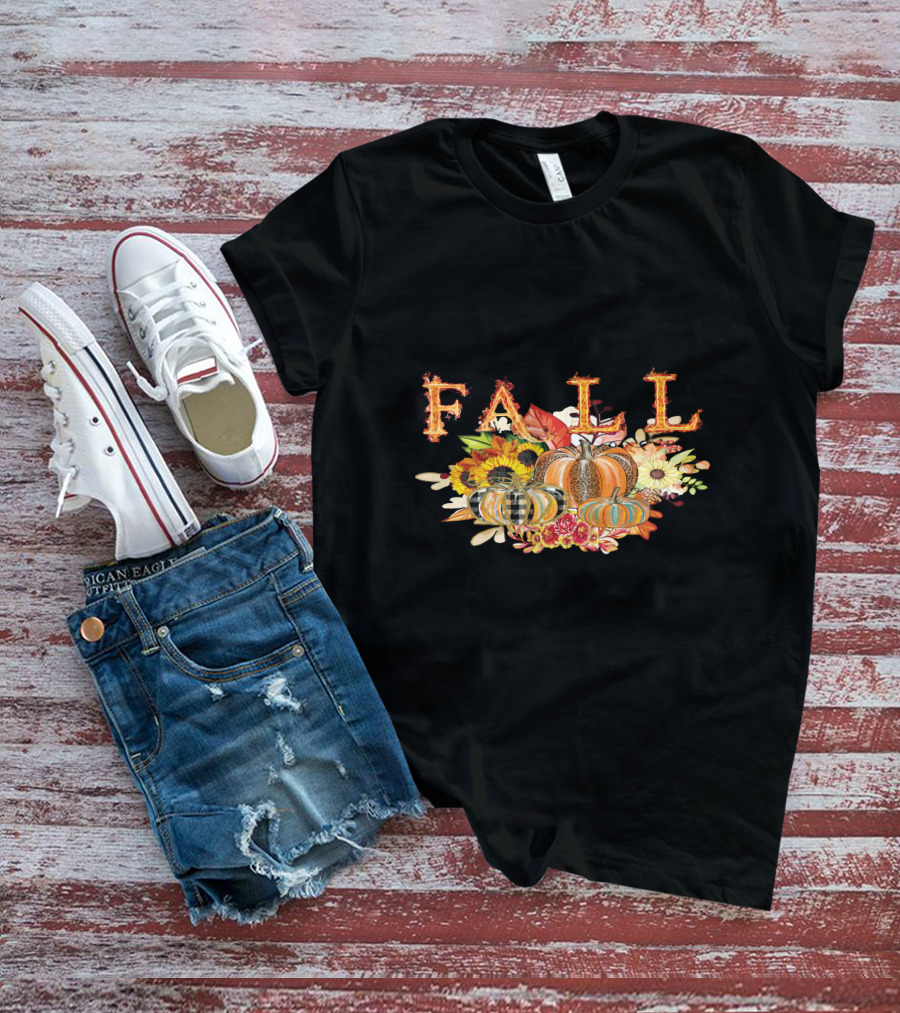 FALL Pumpkin Sunflowers And Leaves Thanksgiving T-Shirt