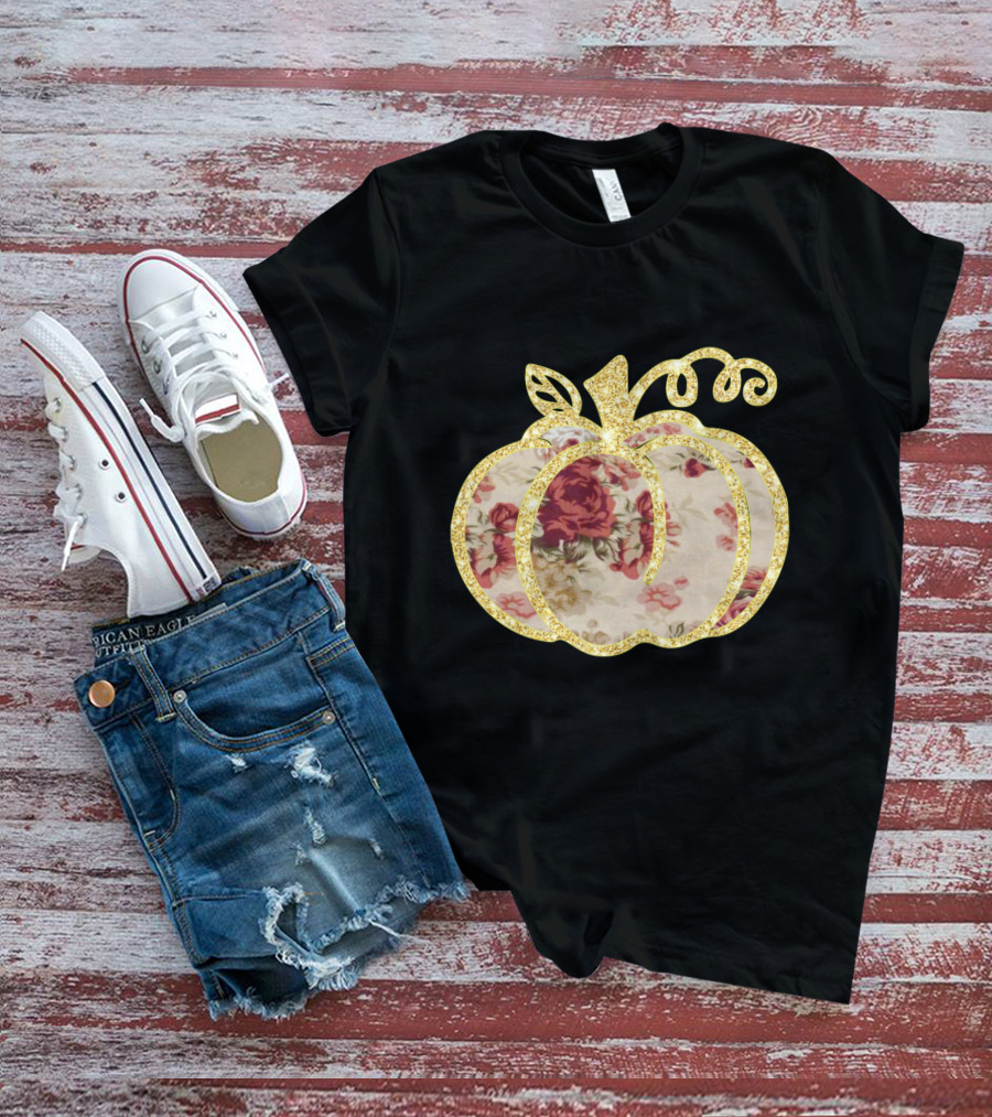 Glitter Floral Pumpkin Gold Trim T-Shirt