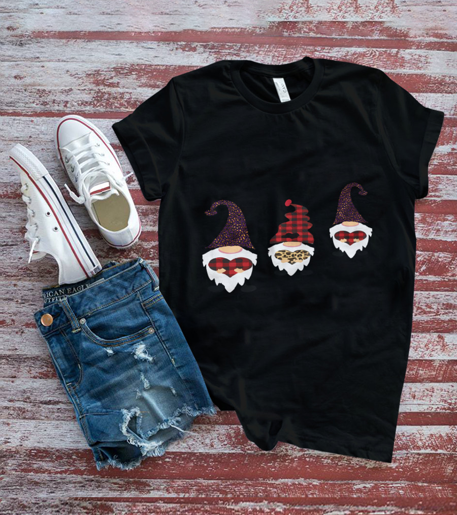 Valentine's Day Love Gnomes With Plaid And Leopard Hearts T-Shirt