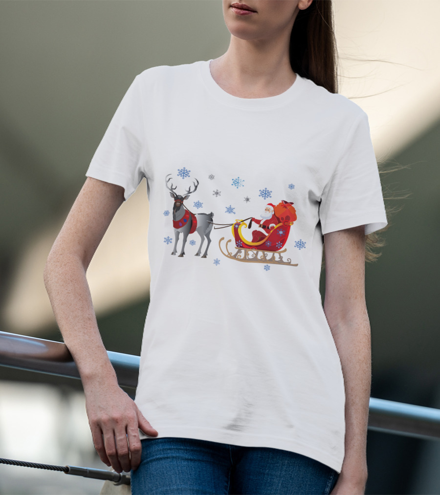 Christmas Santa With Reindeer And Sleigh Surrounded By Snowflakes T-Shirt