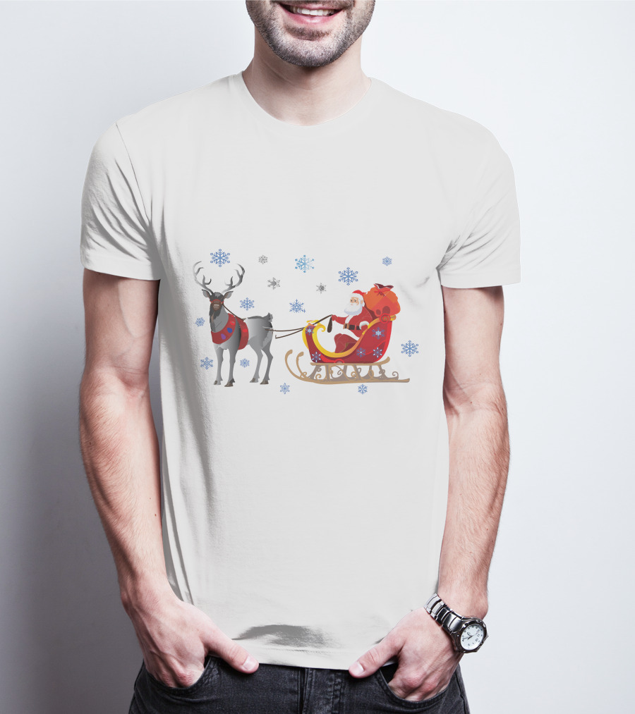 Christmas Santa With Reindeer And Sleigh Surrounded By Snowflakes T-Shirt