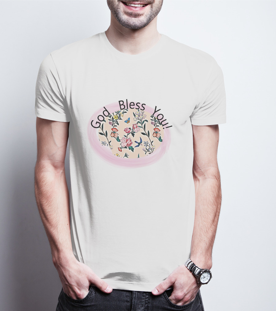 God Bless You Floral Pattern With Butterfly And Bird Motif T-Shirt