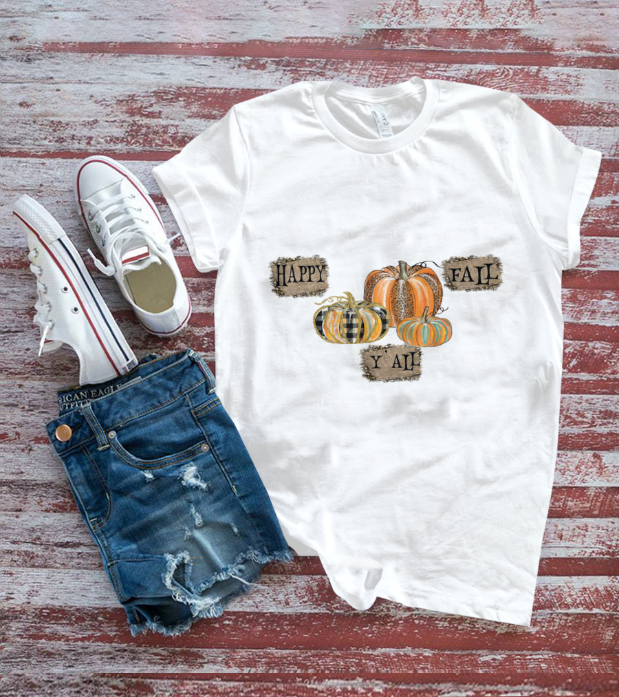 Happy Fall Y'all Pumpkin Plaid And Leopard T-Shirt