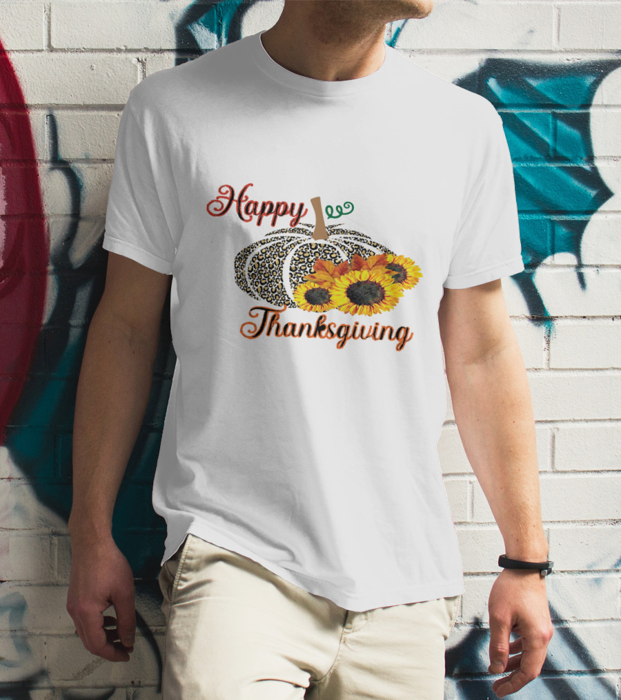 Happy Thanksgiving Leopard Print Pumpkin Sunflowers T-Shirt