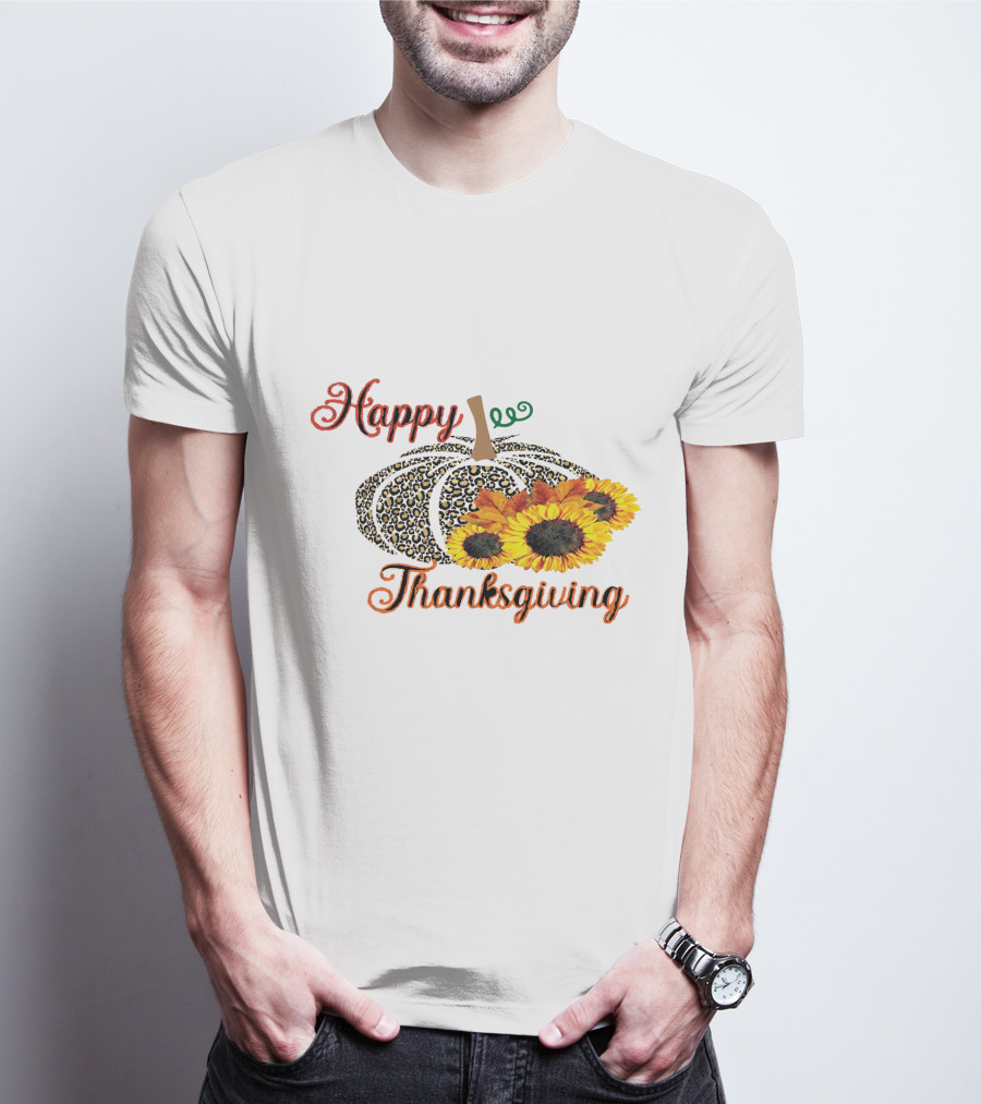 Happy Thanksgiving Leopard Print Pumpkin Sunflowers T-Shirt