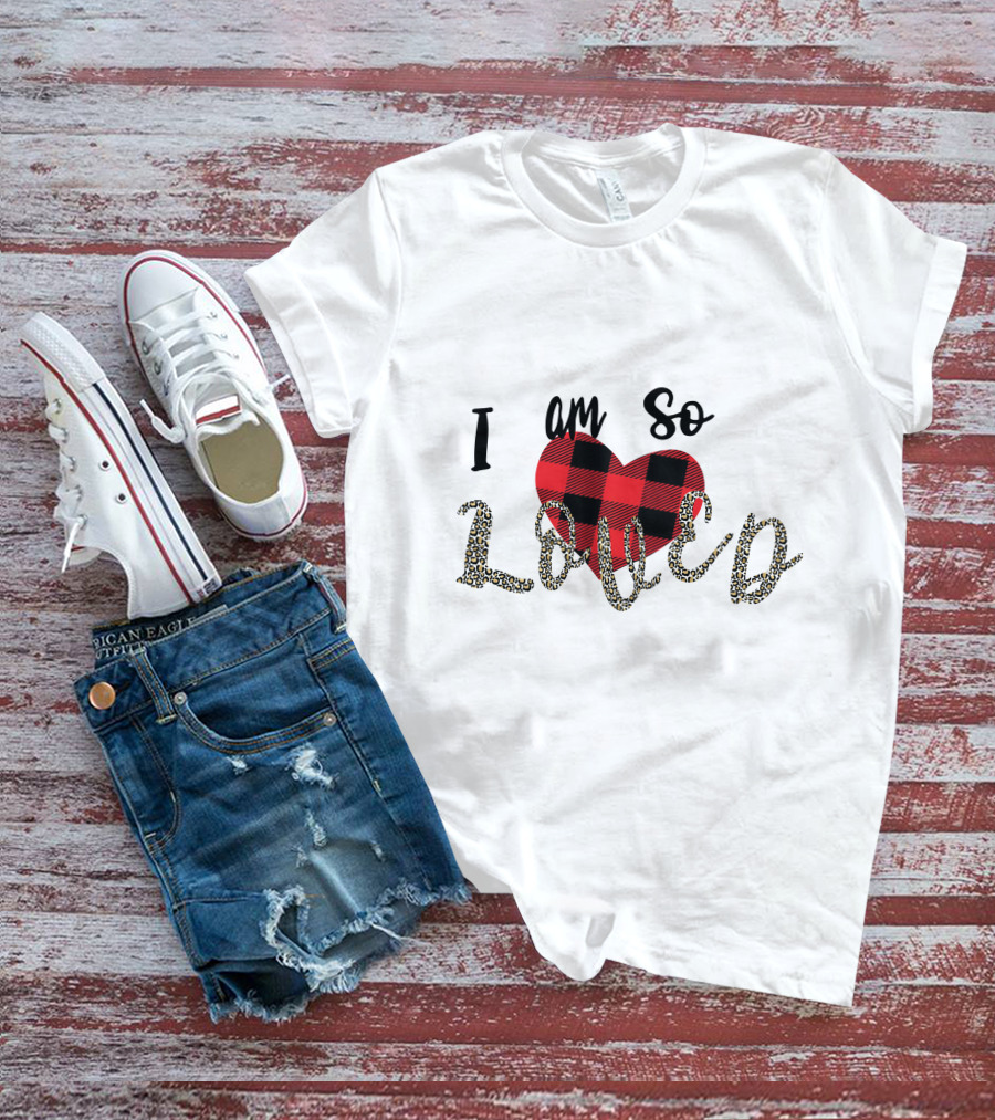 I Am So Loved Valentines Day Buffalo Plaid Heart Leopard Print T-Shirt