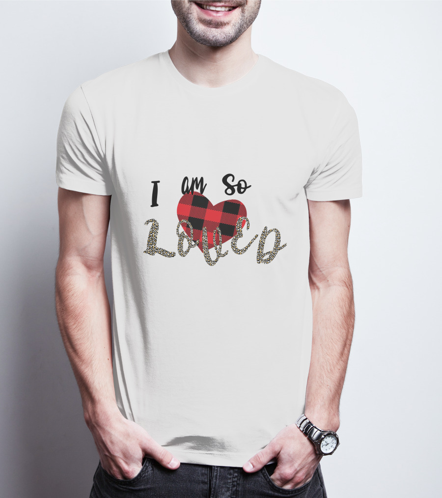 I Am So Loved Valentines Day Buffalo Plaid Heart Leopard Print T-Shirt